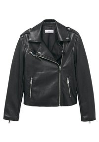 Blouson de moto en cuir noir avec un col à revers, une fermeture éclair frontale asymétrique et des poches zippées. Présente des accents de ferrures argentées.