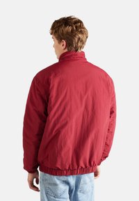 Chaqueta ligera roja vista desde atrás. Presenta un cuello alto, cinturilla elástica y un ajuste cómodo con detalles de costura visibles.