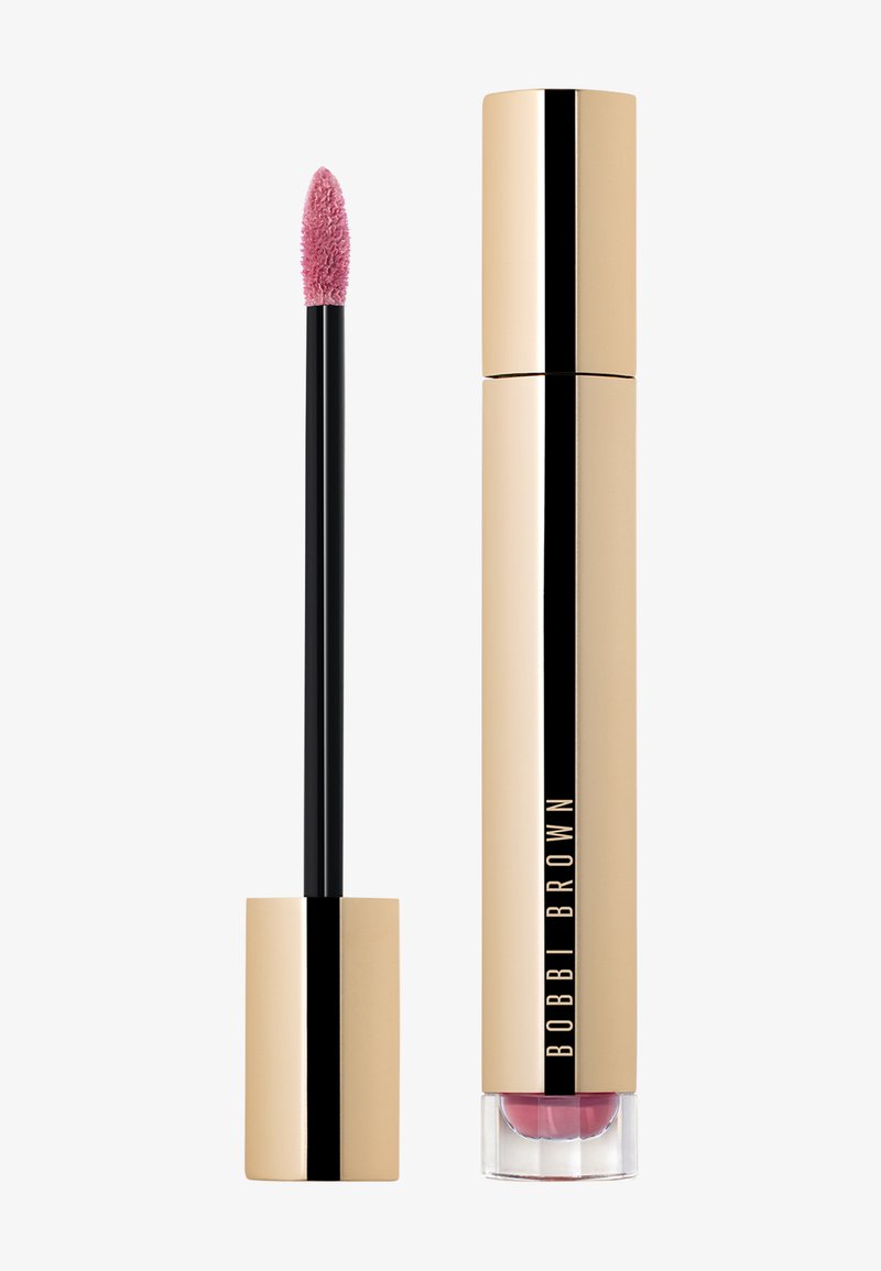 Glänzende goldene Tube der Bobbi Brown Flüssiglippenstift mit Applikatorstab, der eine rosafarbene Lippenfarbe auf der Schwammtip anzeigt.