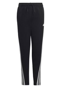 Pantalones de chándal negros con cinturilla ajustable, que cuentan con rayas blancas a lo largo de los lados y un acento de logo cerca del muslo superior. Textura suave.