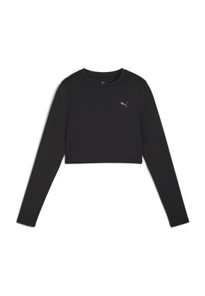 T-shirt noir à manches longues raccourcies en tissu extensible, avec un petit logo gris sur la poitrine et un décolleté rond.
