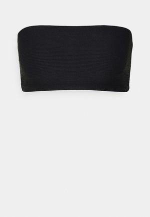 Črn bandeau top iz teksturirane tkanine z rebrastim vzorcem, z ravnim izrezom in brezšivno zasnovo, primeren za kopalne obleke.