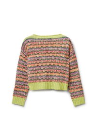 Bunt gestrickter, verkürzter Pullover mit langen Ärmeln, der ein Muster aus horizontalen Streifen in Grün, Pink, Orange und Lila zeigt.