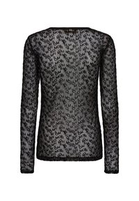 Schwarzes Langarmshirt aus transparenter Netzware mit einem wiederholten "SM"-Muster. Hat einen runden Ausschnitt und eine enganliegende Silhouette.