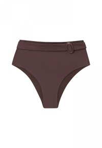 Parte inferior de bikini de tiro alto en marrón oscuro con textura acanalada, con un lazo de cinturón lateral y paneles laterales en marrón contrastante.