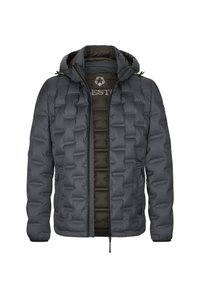 Puffer jacket in dark gray with a quilted pattern, featuring a hood, front zipper, and a contrasting inner lining in olive green.