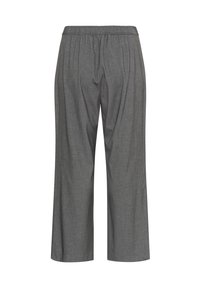 Pantalon large gris avec taille élastique et un subtil motif rayé vertical, présenté à plat sur un fond blanc.