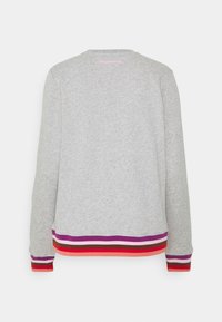 Sweat-shirt gris clair à manches longues avec poignets et ourlet côtelés présentant des rayures violettes, roses, marron, rouges et oranges, vue de dos.