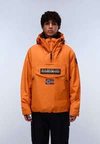Orange waterproof pullover jacket with a high collar, front pocket, and logo. Features a Norwegian flag patch and black accents.