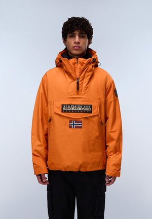 Orange waterproof pullover jacket with a high collar, front pocket, and logo. Features a Norwegian flag patch and black accents.