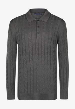 Gray knitted polo sweater with cable pattern, three-button placket, and ribbed cuffs and hem. Made from soft, textured fabric.