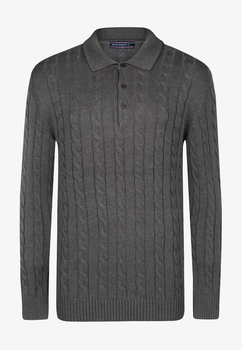 Szary, dziany sweter polo z wzorem w warkocze, z pliską na trzy guziki oraz ściągaczami przy rękawach i hemie. Wykonany z miękkiego, teksturowanego materiału.