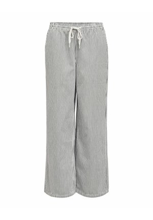 Laza szabású nadrág függőleges fekete-fehér csíkokkal, rugalmas derékpánttal és elöl fehér húzózsinórral.