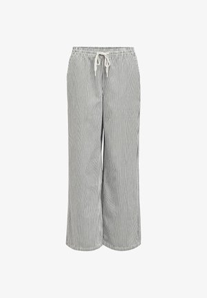 Pantalon ample à rayures verticales noires et blanches, taille élastique et cordon de serrage blanc à l'avant.