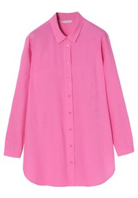 Chemise rose à manches longues avec col pointu, tissu léger, coupe droite et ourlet arrondi. Présente une fermeture à boutons à l'avant.