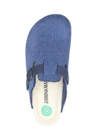 Blue corduroy clogs with a rounded shape, adjustable black strap, and contoured beige insole featuring a green spiral logo.