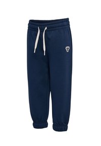 Mörkblå sweatpants med elastiskt midjeband, krämfärgade snören och muddar, med en liten logo på sidan. Mjuk tygkänsla.
