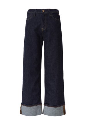 Donkerblauwe denim wide-leg jeans met een hoge taille, voorzien van opgerolde mouwen in een lichtere blauwtint en contrasterende stikseldetails.