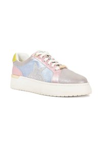 Sneakers with a thick white sole, featuring a mix of pink, blue, and silver metallic fabrics, and a star detail on the side.