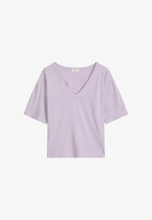 Fliederfarbenes Damenoberteil mit kurzen Ärmeln und V-Ausschnitt, locker geschnitten, mit dezisem Marc O’Polo-Logo nahe dem Saum.