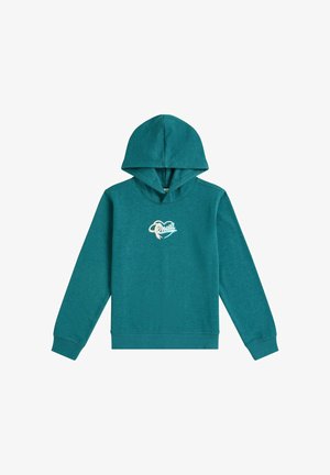 Turkizna majica s kapuco in dolgimi rokavi, rebrastimi manšetami in robom ter belim logotipom "O'neill" na sredini prsnega koša.