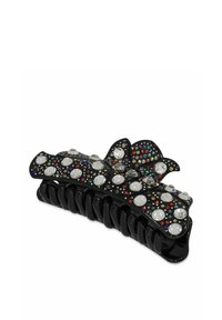 Fermo capelli nero con finitura lucida, caratterizzato da strass colorati e una forma ondulata con un bordo decorativo appuntito.
