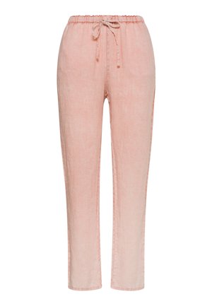 Hellrosa Leinenhose mit Kordelzug, elastischem Bund und geraden Beinen, vor weißem Hintergrund dargestellt.