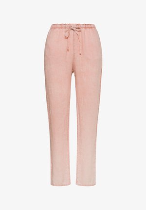 Hellrosa Leinenhose mit Kordelzug, elastischem Bund und geraden Beinen, vor weißem Hintergrund dargestellt.