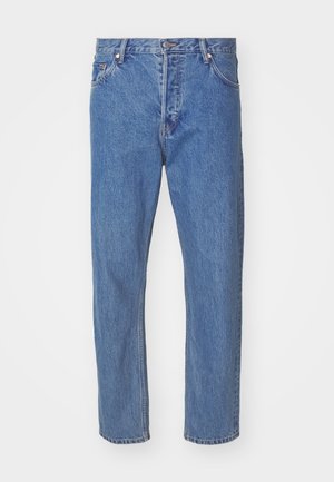 Blaue Jeans aus Denim mit geradem Bein, ausgestattet mit einem Reißverschluss, fünf Taschen und dezenten Waschungen. Klassischer mittlerer Bund.