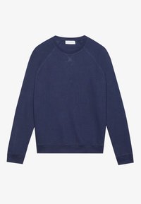 Navy blue sweatshirt, crew neck, raglan sleeves, ribbed cuffs and hem, soft cotton blend material, minimalistic design with no patterns.