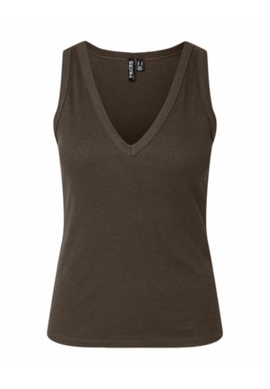 Ujjatlan barna bordázott kötött felső mély V-nyakkivágással és testhez simuló szabással, címke látható a nyakkivágás belsejében.