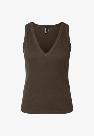 Ujjatlan barna bordázott kötött felső mély V-nyakkivágással és testhez simuló szabással, címke látható a nyakkivágás belsejében.