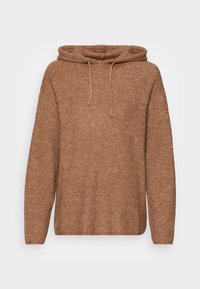 Bruine gebreide hoodie met een gestructureerd patroon, koordsluiting bij de halslijn en lange mouwen, met een ontspannen, oversized pasvorm.
