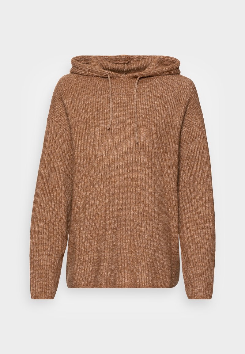 Bruine gebreide hoodie met een gestructureerd patroon, koordsluiting bij de halslijn en lange mouwen, met een ontspannen, oversized pasvorm.