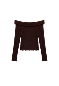 Off-the-shoulder bruine top van textuurstof. Lange mouwen met golvend patroon en gekartelde zoom.