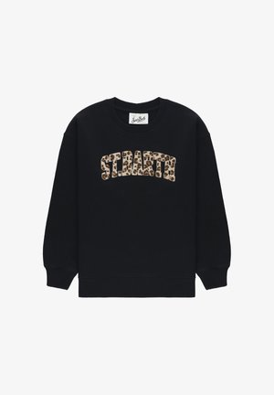 Felpa nera girocollo con la scritta "ST BARTH" in fantasia leopardata sul petto, polsini e orlo a coste e etichetta del marchio visibile all'interno del colletto.