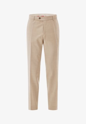 Beige Stoffhose aus leichtem Material, mit schlanker Passform, glatter Textur und einer einzelnen vorderen Falte mit Knopfverschluss.