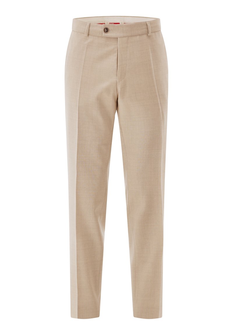 Beige dress pants made of lightweight fabric, featuring a tailored fit, smooth texture, and a single front pleat with a button closure.