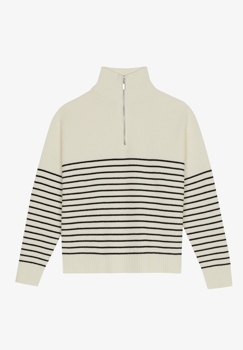 Krämfärgad polotröja med hög krage, vertikal ribbad textur och horisontella svarta ränder över kroppen och ärmarna. Silverdetalj med dragkedja.