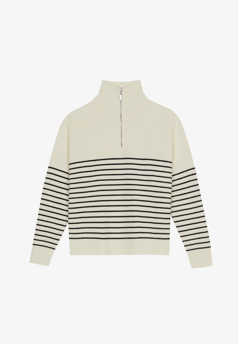 Cream-colored pullover with a high collar, vertical ribbed texture, and horizontal black stripes across the body and sleeves. Silver zipper detail.