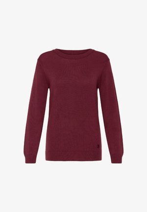 Bordowy sweter z długim rękawem, wykonany z miękkiego dzianiny. Posiada okrągły dekolt oraz ściągacze przy mankietach i u dołu, z małym logo na dole.