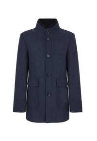 Granatowy wełniany płaszcz z wysokim kołnierzem, pięcioma guzikami z przodu i dwoma bocznymi kieszeniami. Gładka tekstura i dopasowany krój, brak widocznych wzorów.