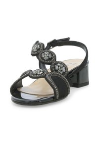 Sandalo nero con tacco a blocco, caratterizzato da cinturini simili alla pelle scamosciata decorati con intricati ornamenti in perline e strass. Design open toe.
