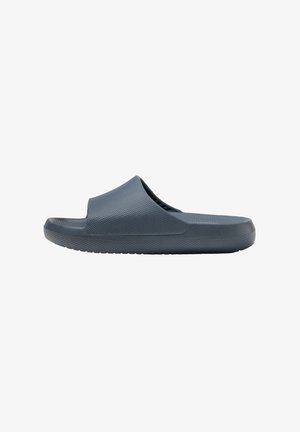 Sandal in dark gray, made of textured rubber. Open-toe design with a rounded shape, featuring a flat sole and subtle tread pattern.