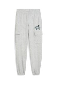 Grå bomulds cargo sweatpants med elastisk talje, sidelommer og trykt logo detalje på toppen af låret. Blød tekstur, afslappet pasform.
