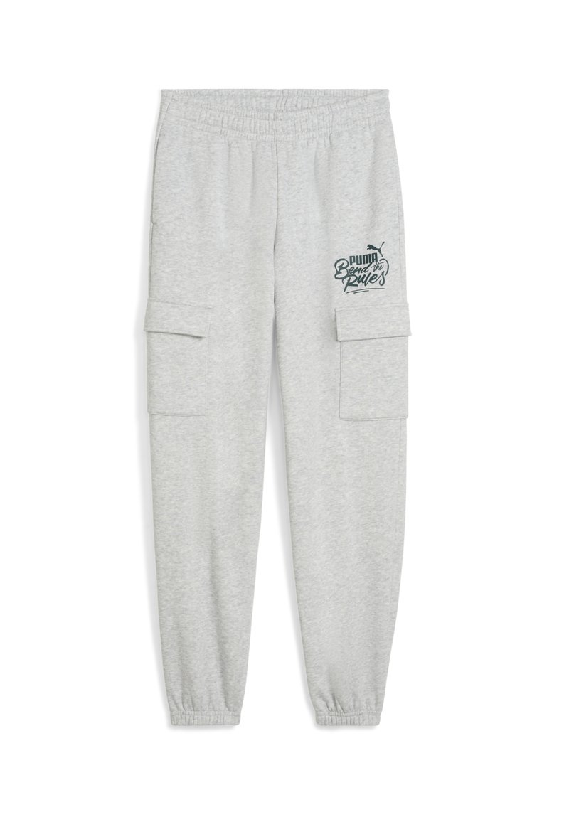 Grå bomulds cargo sweatpants med elastisk talje, sidelommer og trykt logo detalje på toppen af låret. Blød tekstur, afslappet pasform.