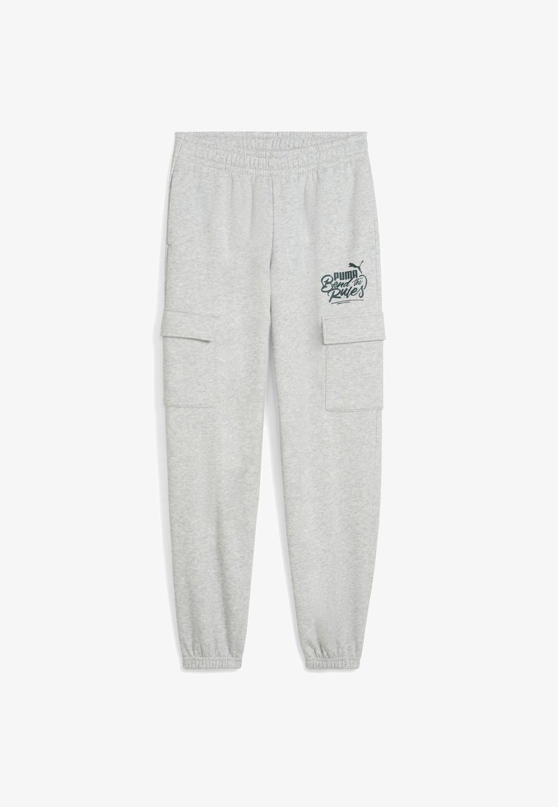 Grå bomulds cargo sweatpants med elastisk talje, sidelommer og trykt logo detalje på toppen af låret. Blød tekstur, afslappet pasform.