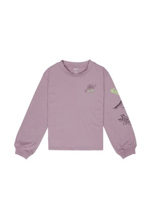 Camisa de manga larga en lavanda claro, elaborada con algodón suave. Presenta gráficos florales en negro y verde en el pecho y la manga. Diseño de cuello redondo.