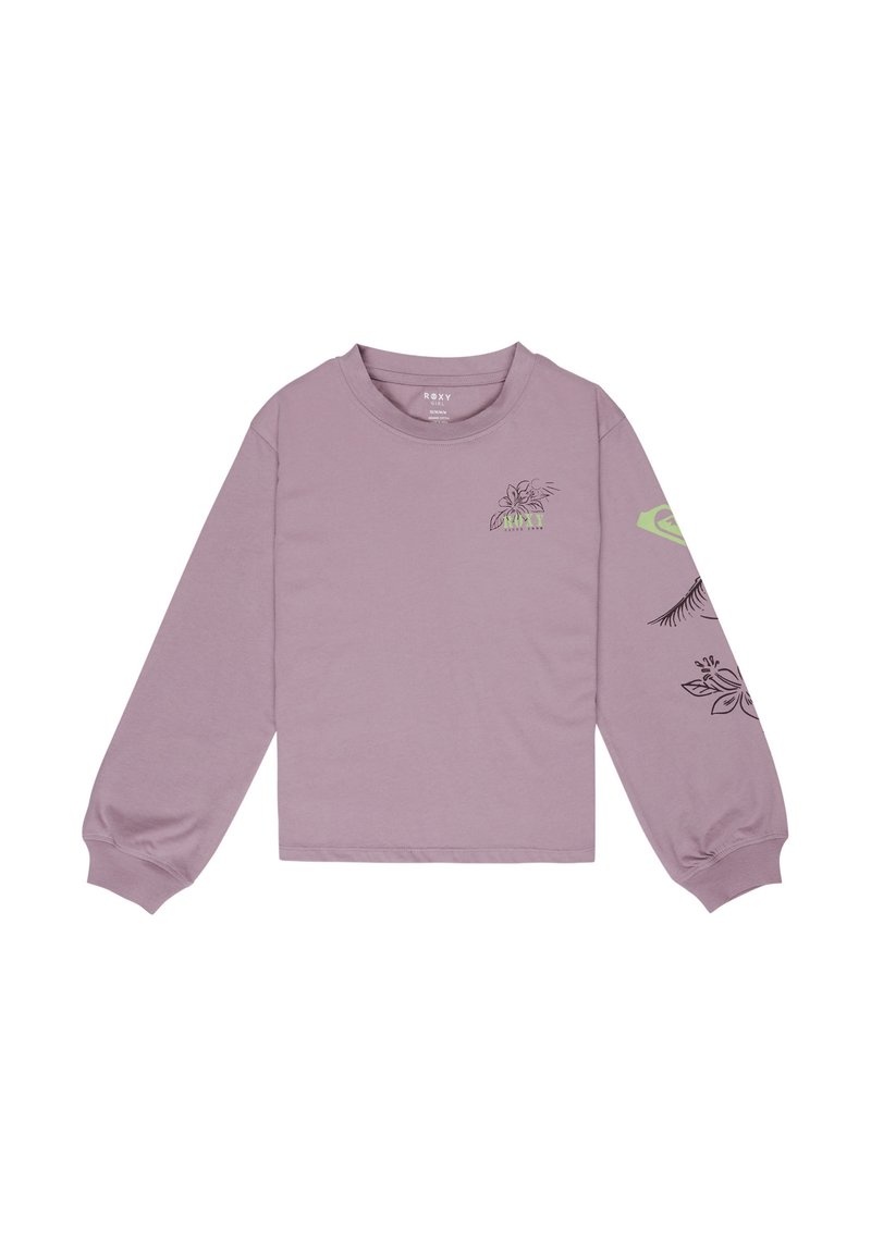 Långärmad skjorta i ljus lavendel, tillverkad av mjuk bomull. Har blommiga grafik i svart och grönt på bröstet och ärmarna. Rundhalsad design.