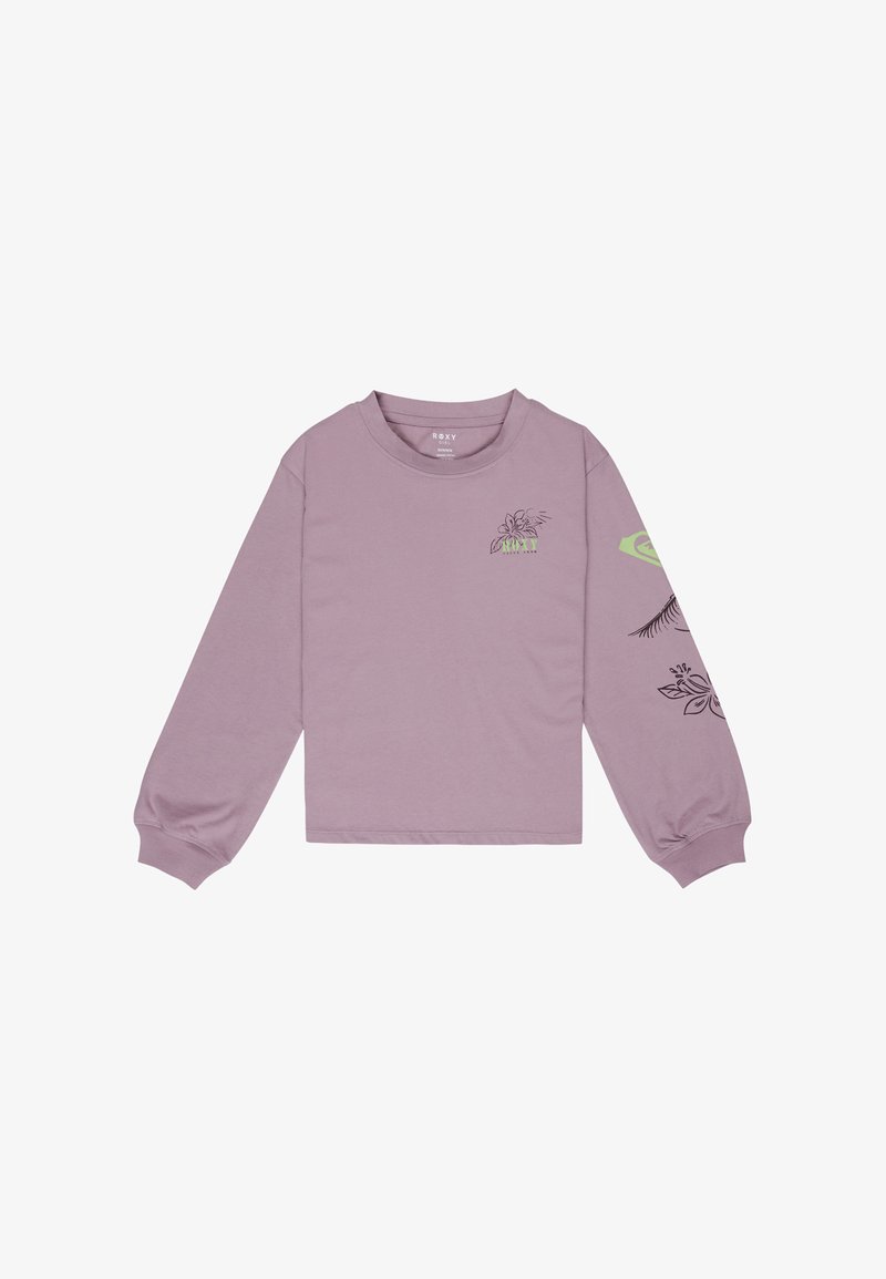 Dlhý rukáv tričko vo svetlej levandulovej farbe, vyrobené z jemnej bavlny. Na hrudníku a rukávoch sú květinové grafiky v čiernej a zelenej farbe. Dizajn s kruhovým výstrihom.